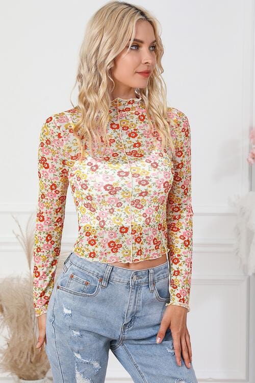 Light Gray Floral Mock Neck Long Sleeve Blouse