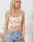 Light Gray Floral Mock Neck Long Sleeve Blouse