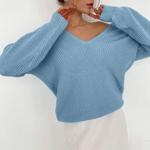 Light Gray V-Neck Dropped Shoulder Long Sleeve Sweater Sentient Beauty Fashions Apparel &amp; Accessories