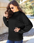 Dark Slate Gray Basic Bae Full Size Ribbed Exposed Seam Mock Neck Knit Top Sentient Beauty Fashions Apparel & Accessories