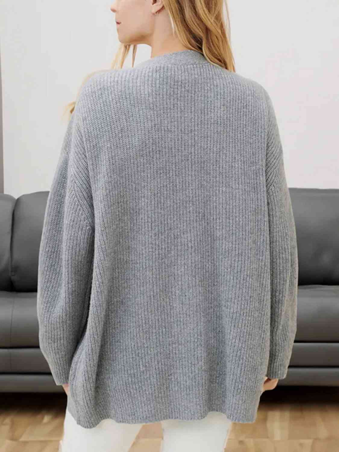 Light Slate Gray Full Size V-Neck Rib-Knit Cardigan