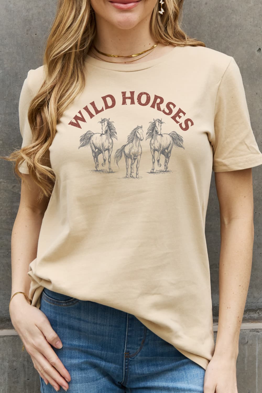 Tan Simply Love WILD HORSES Graphic Cotton T-Shirt Sentient Beauty Fashions tees