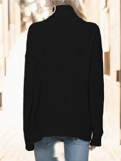 Black Turtleneck Drop Shoulder Long Sleeve Sweater Sentient Beauty Fashions Apparel & Accessories