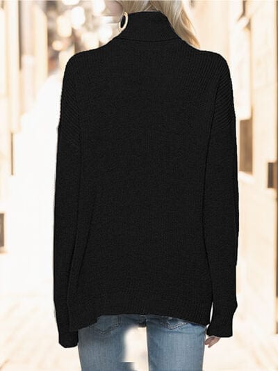 Black Turtleneck Drop Shoulder Long Sleeve Sweater