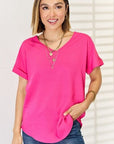 Pale Violet Red Zenana V-Neck Rolled Short Sleeve T-Shirt