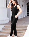 Gray Drawstring Round Neck Sleeveless Jumpsuit Sentient Beauty Fashions Activewear