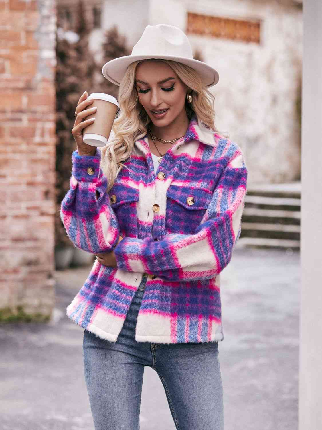 Gray Plaid Dropped Shoulder Collared Jacket Sentient Beauty Fashions Apparel &amp; Accessories