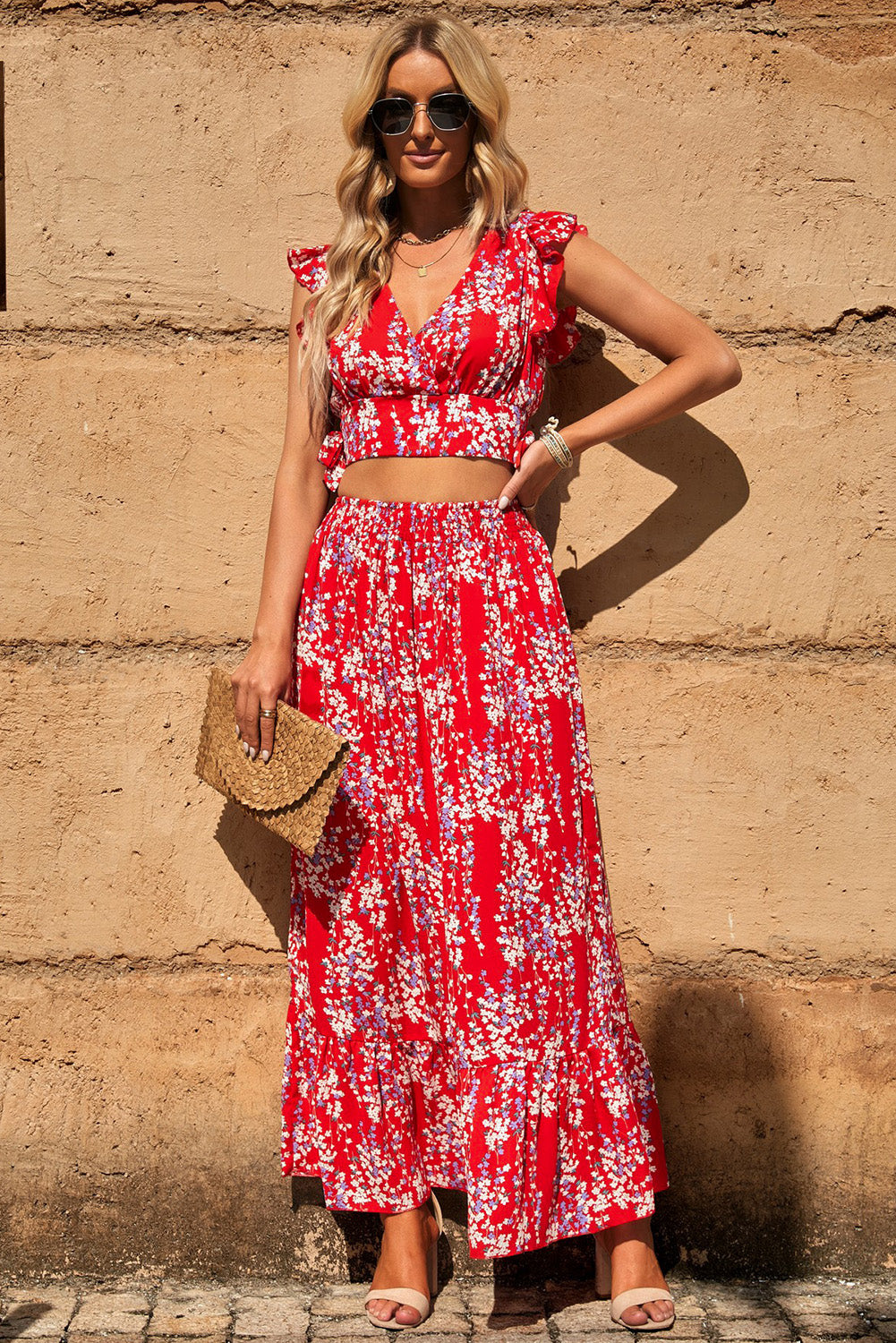 Dark Salmon Printed Tie Back Cropped Top and Maxi Skirt Set