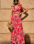 Dark Salmon Printed Tie Back Cropped Top and Maxi Skirt Set