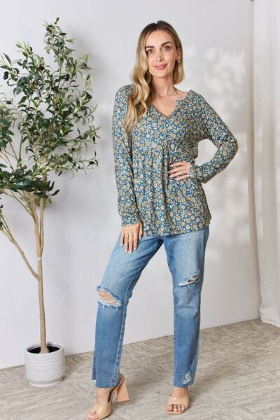 Gray Heimish Full Size Floral Half Button Long Sleeve Blouse Sentient Beauty Fashions Apparel &amp; Accessories