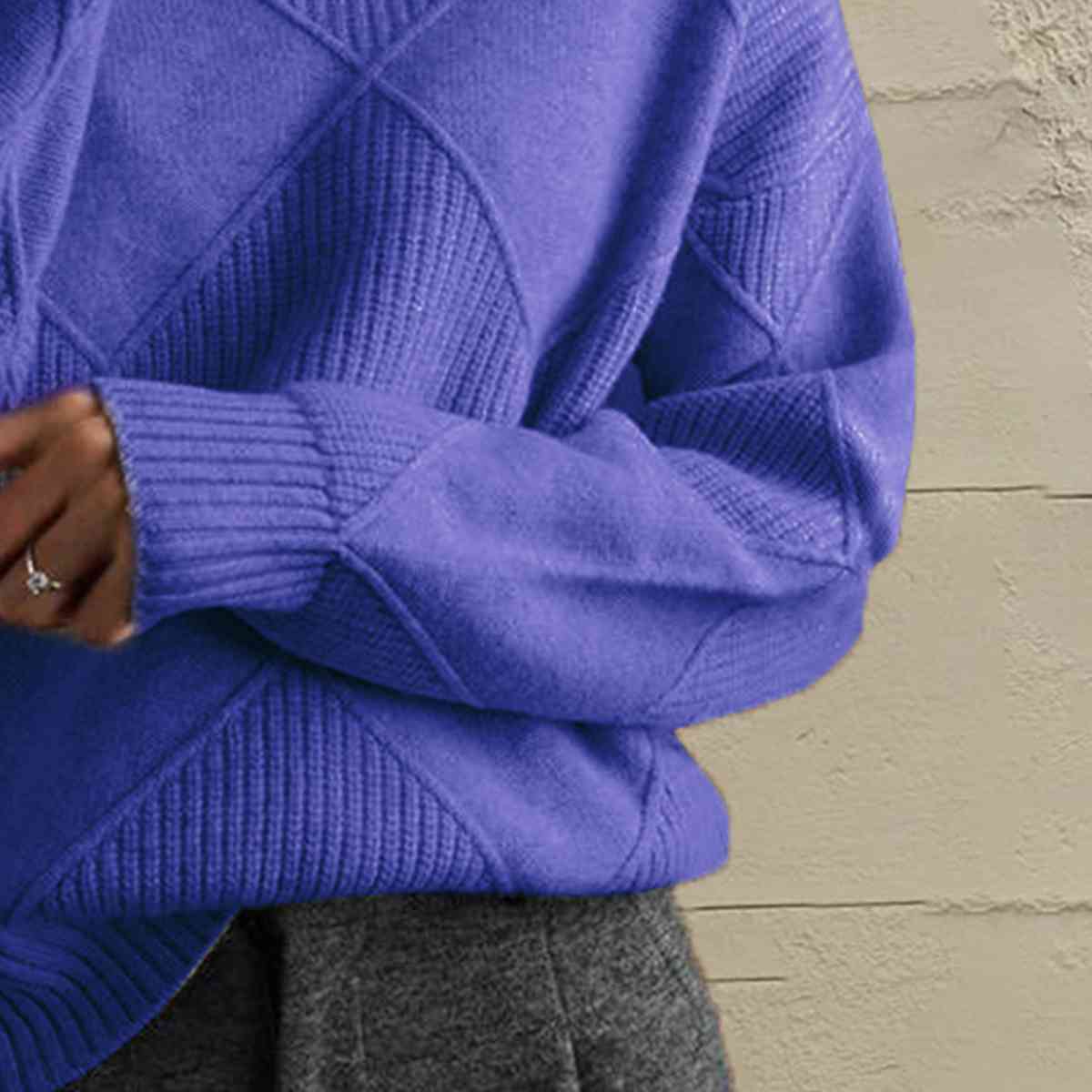 Dark Slate Blue Geometric Turtleneck Long Sleeve Sweater