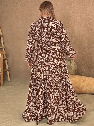 Rosy Brown Plus Size Notched Balloon Sleeve Printed Maxi Dress Sentient Beauty Fashions Apparel &amp; Accessories