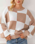 Gray Checkered Round Neck Drop Shoulder Long Sleeve Sweater Sentient Beauty Fashions Apparel & Accessories
