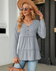 Dark Gray Long Sleeve V-Neck Cable-Knit Blouse