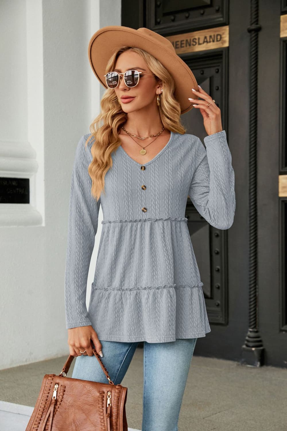 Dark Gray Long Sleeve V-Neck Cable-Knit Blouse