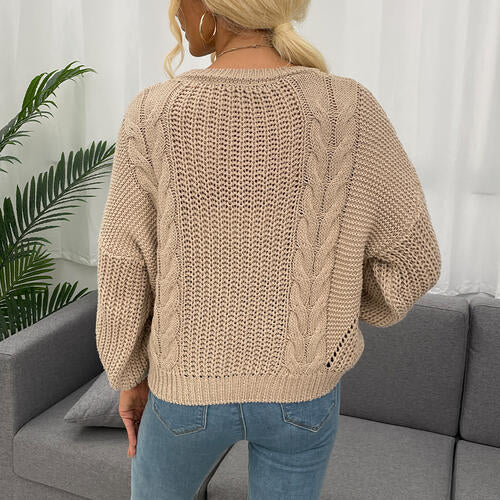 Rosy Brown Openwork Round Neck Dropped Shoulder Sweater