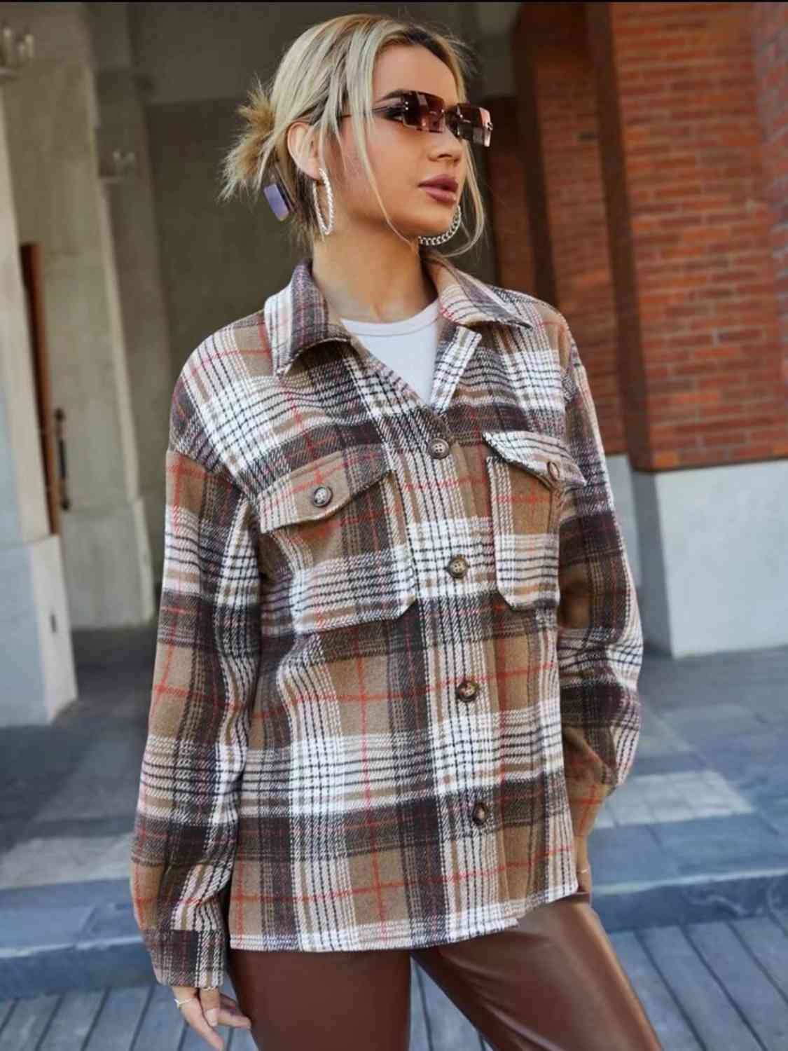 Dim Gray Plaid Collared Neck Button Down Jacket