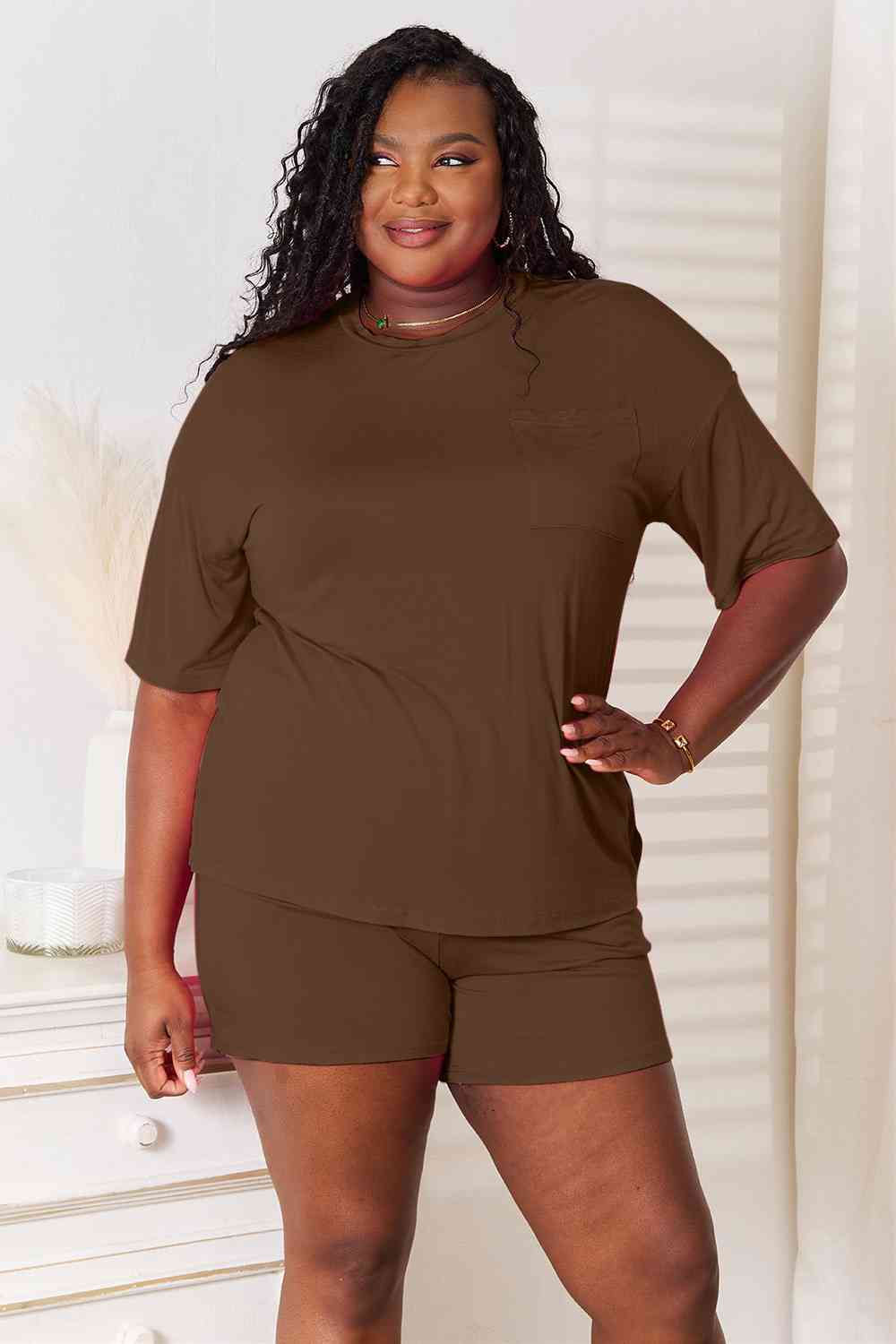 Dark Olive Green Basic Bae Full Size Soft Rayon Half Sleeve Top and Shorts Set Sentient Beauty Fashions Apparel &amp; Accessories