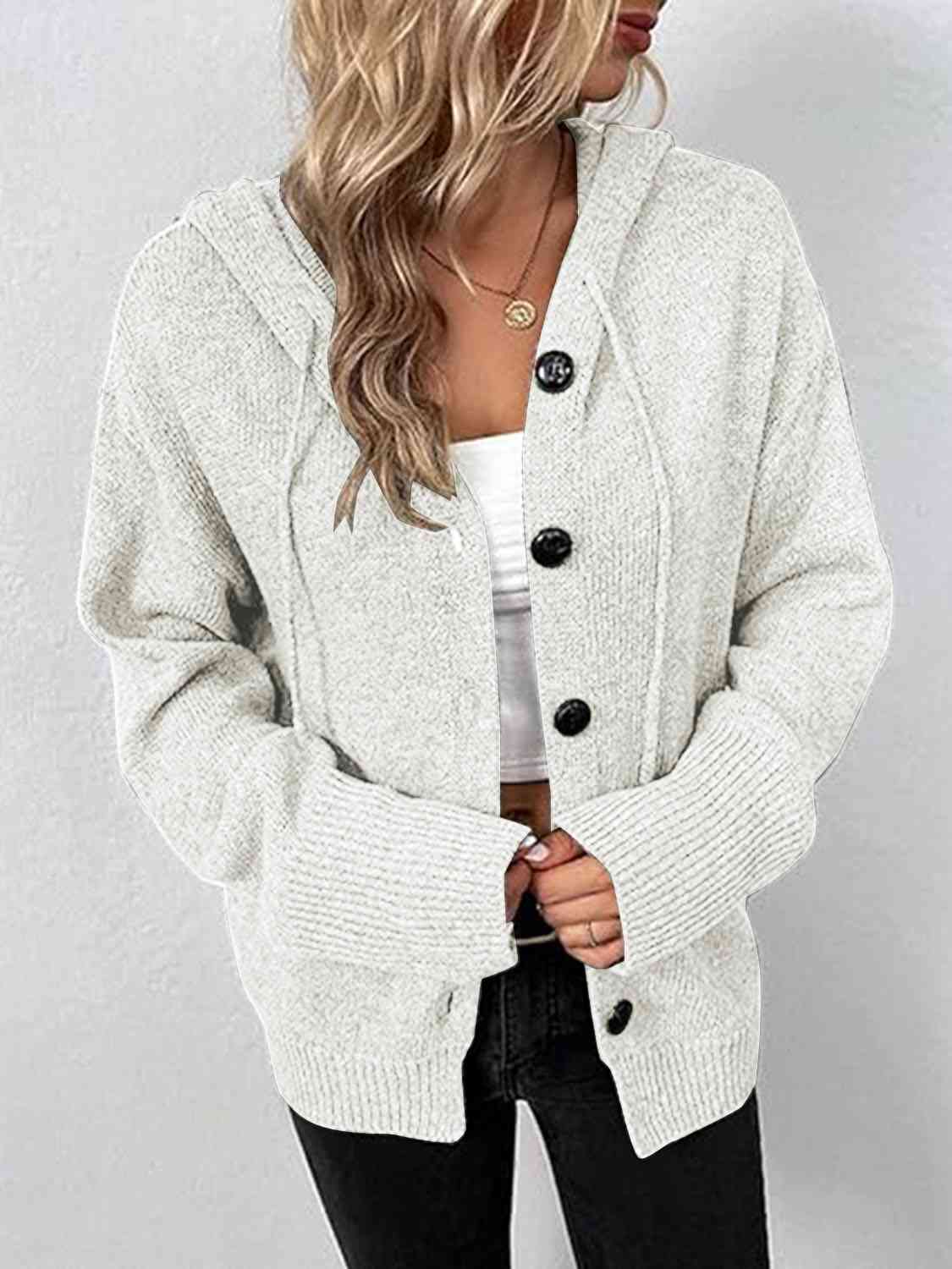 Light Gray Button Up Drawstring Long Sleeve Hooded Cardigan Sentient Beauty Fashions Apparel & Accessories