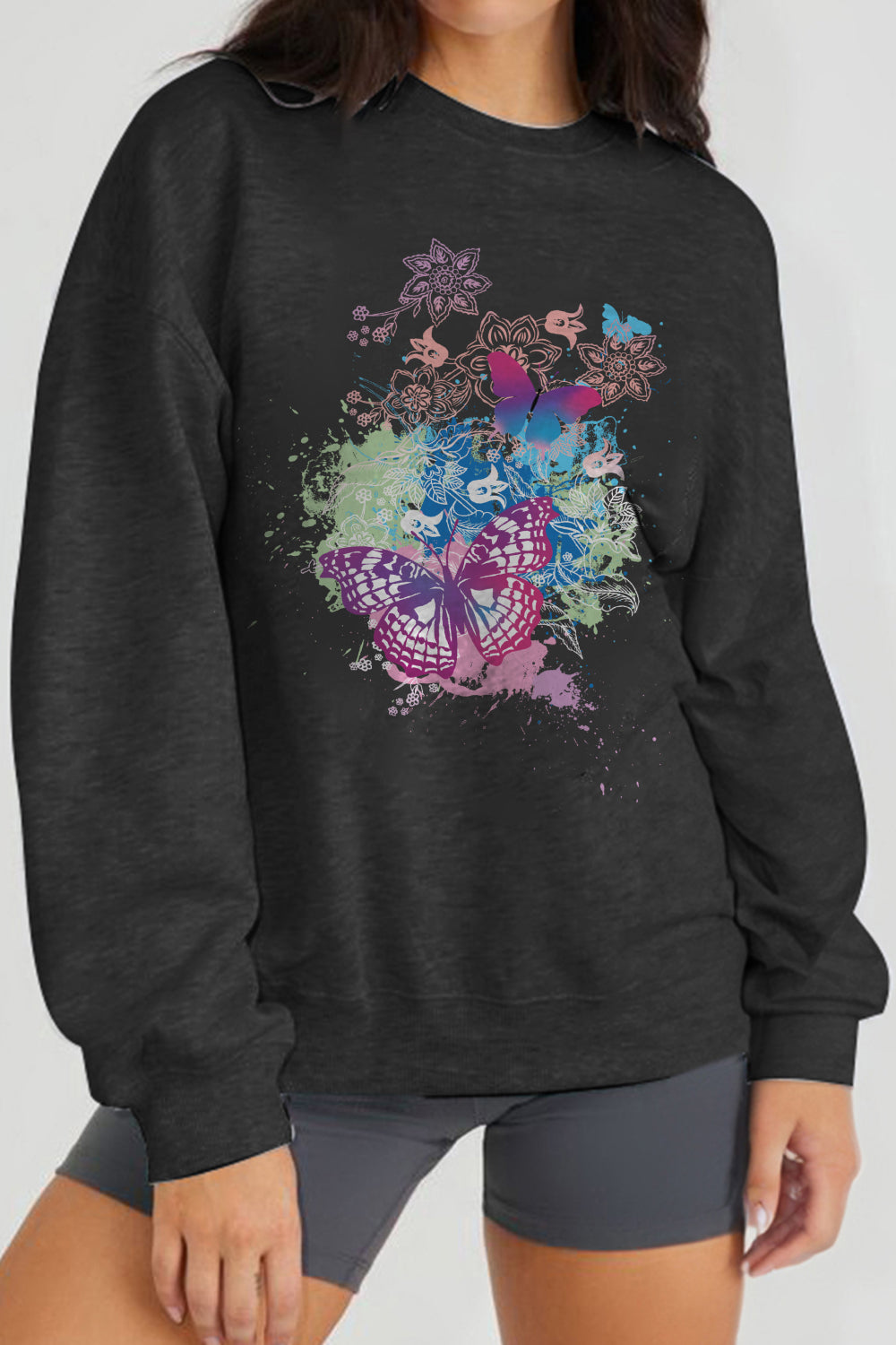 Gray Simply Love Full Size Butterfly Graphic Sweatshirt Sentient Beauty Fashions Apparel & Accessories