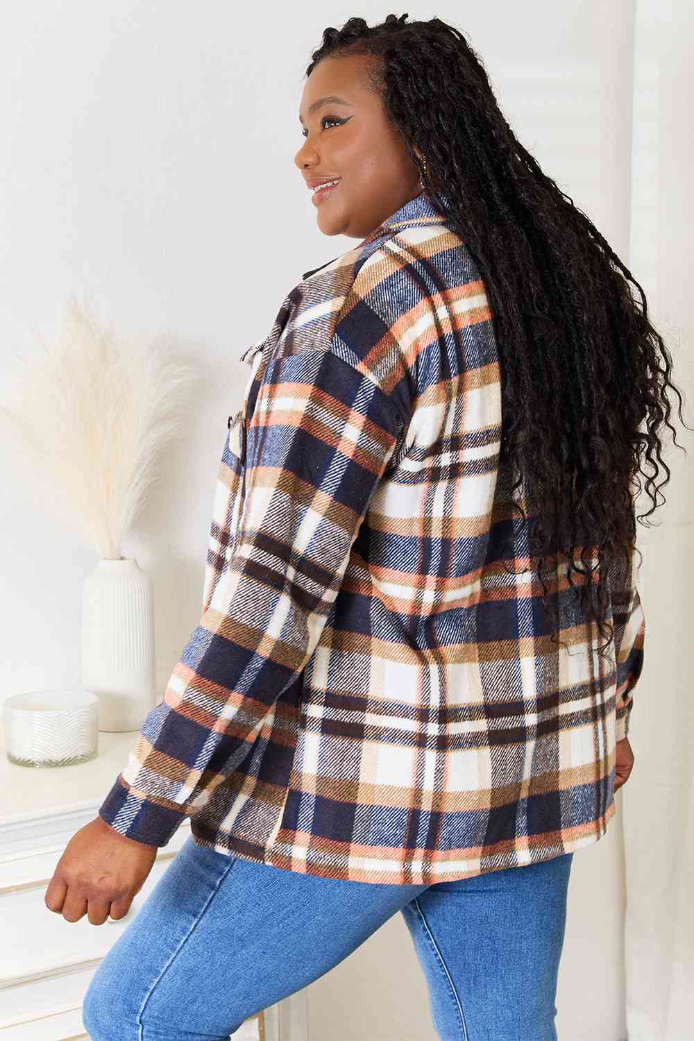 Dark Slate Gray Double Take Plaid Button Front Shirt Jacket with Breast Pockets Sentient Beauty Fashions Apparel &amp; Accessories