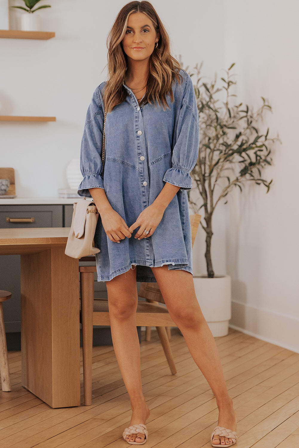 Rosy Brown Collared Neck Flounce Sleeve Denim Mini Dress Sentient Beauty Fashions Dresses