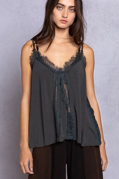 Dark Gray POL Lace Detail V-Neck Cami Sentient Beauty Fashions Apparel &amp; Accessories