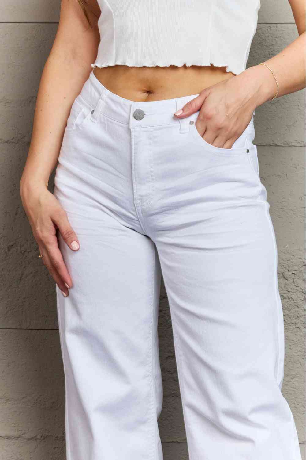 Light Gray RISEN Raelene Full Size High Waist Wide Leg Jeans in White Sentient Beauty Fashions Apparel & Accessories