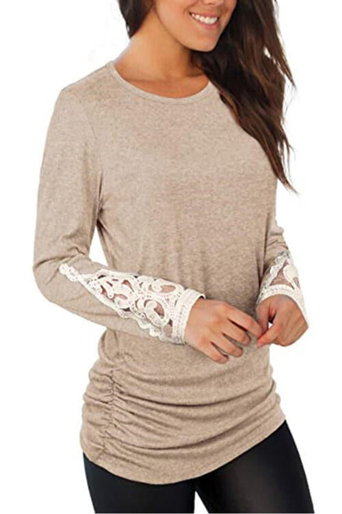 Tan Lace Detail Long Sleeve Round Neck T-Shirt Sentient Beauty Fashions Apparel & Accessories
