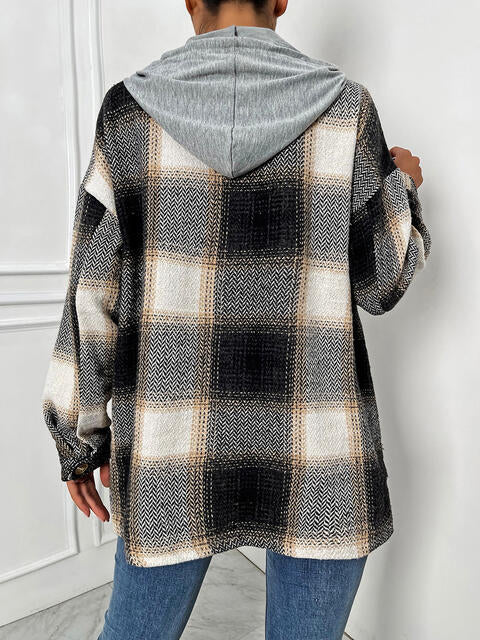 Gray Plaid Drawstring Hooded Jacket Sentient Beauty Fashions Apparel & Accessories