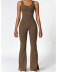 Dark Olive Green Wide Strap Bootcut Slit Active Jumpsuit Sentient Beauty Fashions Apparel & Accessories