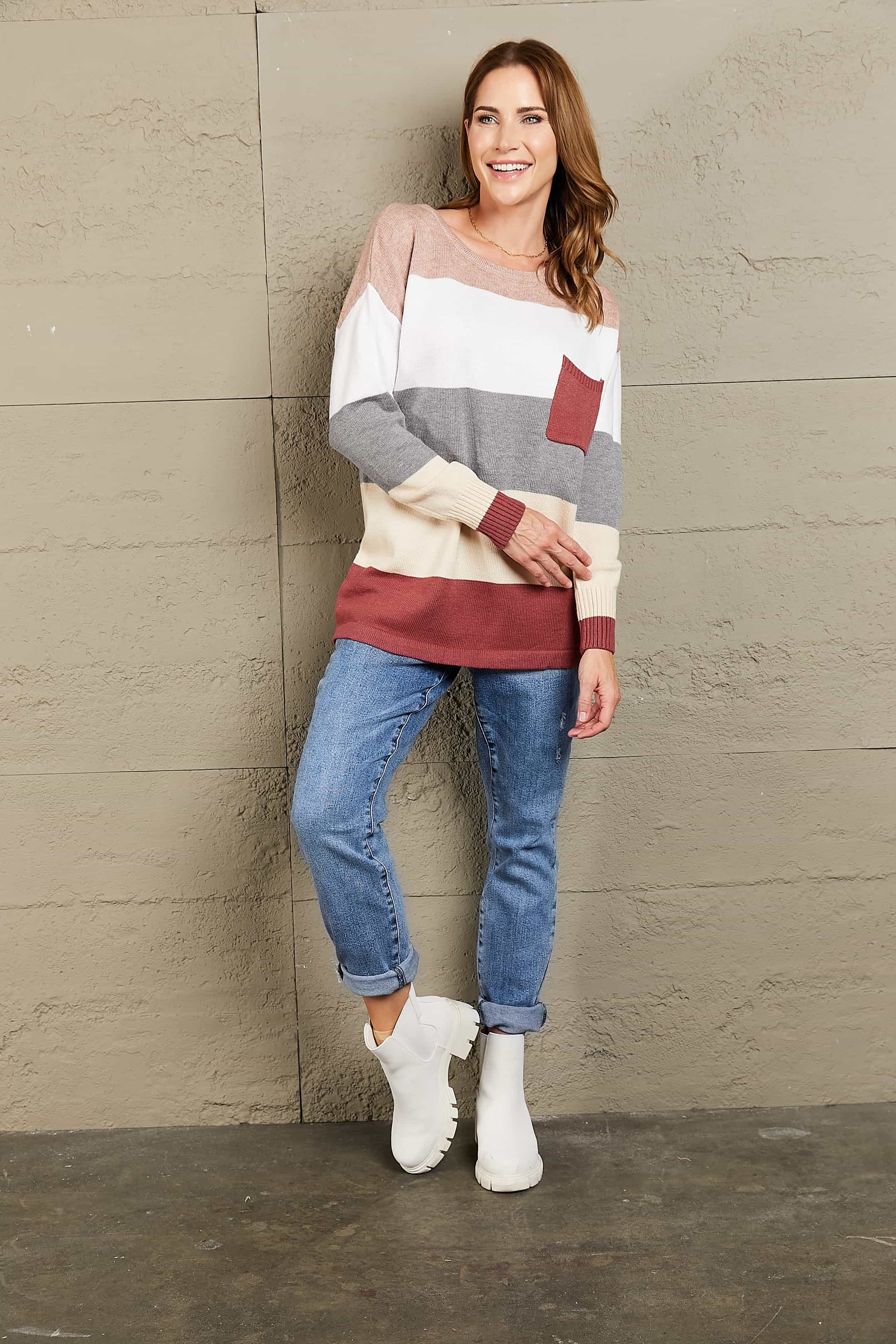 Rosy Brown Woven Right Color Block Drop Shoulder Round Neck Sweater Sentient Beauty Fashions Apparel & Accessories