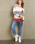 Rosy Brown Woven Right Color Block Drop Shoulder Round Neck Sweater Sentient Beauty Fashions Apparel & Accessories