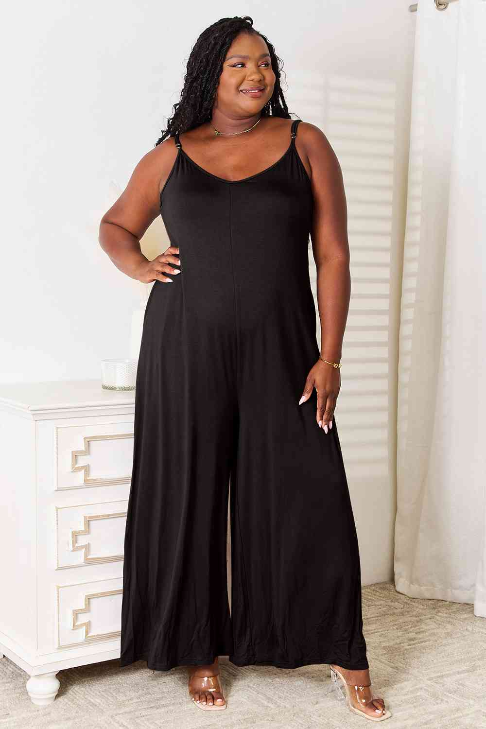 Black Double Take Full Size Soft Rayon Spaghetti Strap Tied Wide Leg Jumpsuit Sentient Beauty Fashions Apparel &amp; Accessories