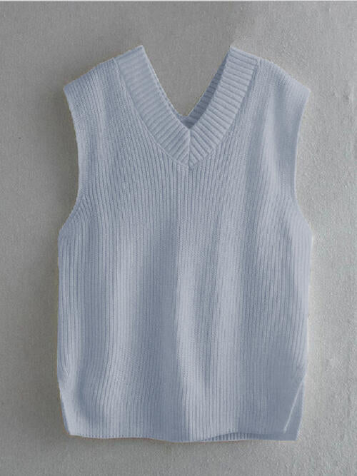 Light Slate Gray Ribbed V-Neck Sleeveless Sweater Vest