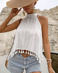 Gray Tied Openwork Tassel Grecian Sleeveless Top