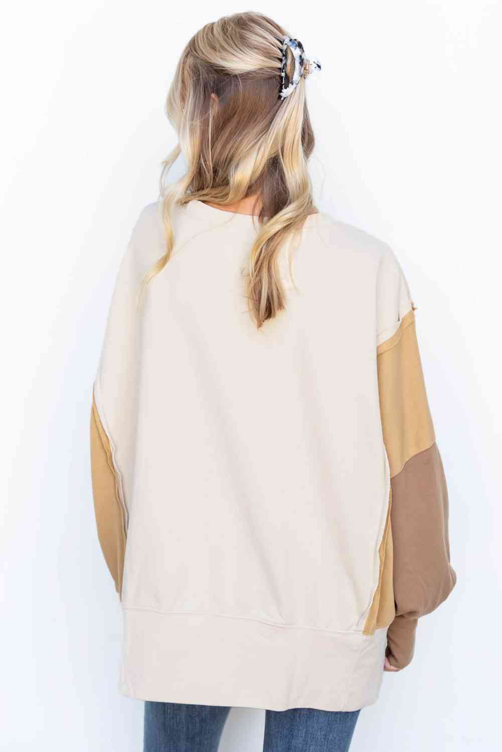 Beige Color Block Exposed Seam Lantern Sleeve Sweatshirt Sentient Beauty Fashions Apparel & Accessories