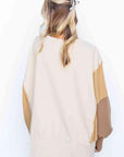 Beige Color Block Exposed Seam Lantern Sleeve Sweatshirt