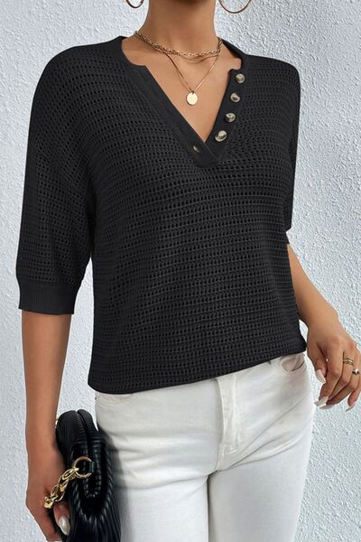 Black Openwork Half Button Dropped Shoulder Knit Top Sentient Beauty Fashions Apparel &amp; Accessories
