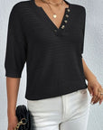 Black Openwork Half Button Dropped Shoulder Knit Top Sentient Beauty Fashions Apparel & Accessories