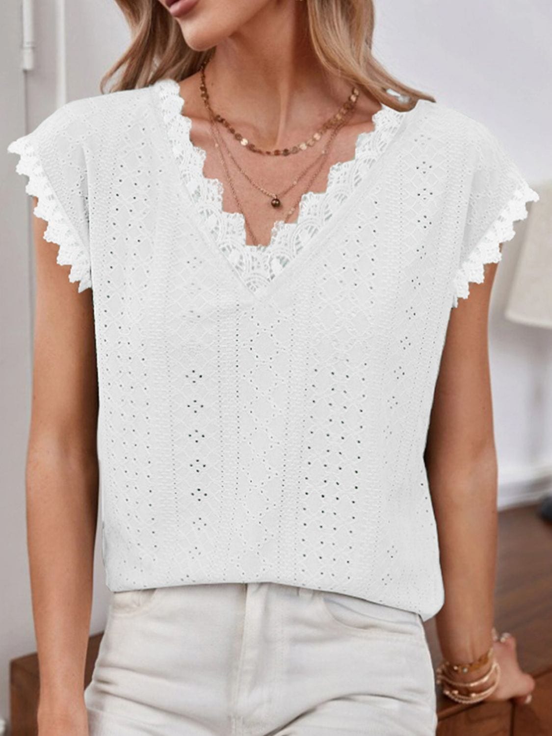 Light Gray V-Neck Eyelet Short Sleeve Top