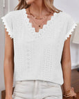 Light Gray V-Neck Eyelet Short Sleeve Top