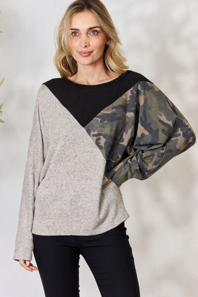 Light Gray BiBi Brushed Hacci Color Block Long Sleeve Top Sentient Beauty Fashions Apparel & Accessories