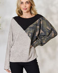 Light Gray BiBi Brushed Hacci Color Block Long Sleeve Top Sentient Beauty Fashions Apparel & Accessories
