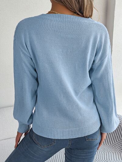 Light Slate Gray Cable-Knit V-Neck Lantern Sleeve Sweater Sentient Beauty Fashions Apparel &amp; Accessories
