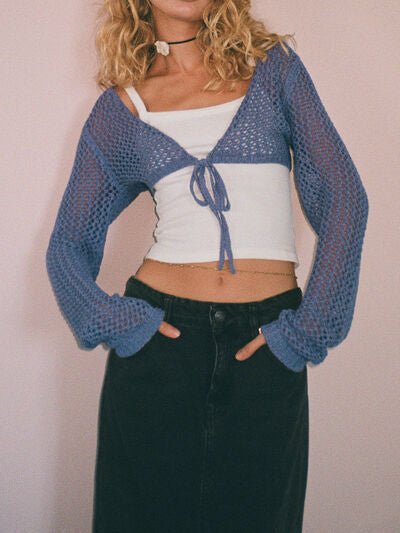 Dark Gray Openwork Tied Dropped Shoulder Cardigan Sentient Beauty Fashions Apparel &amp; Accessories