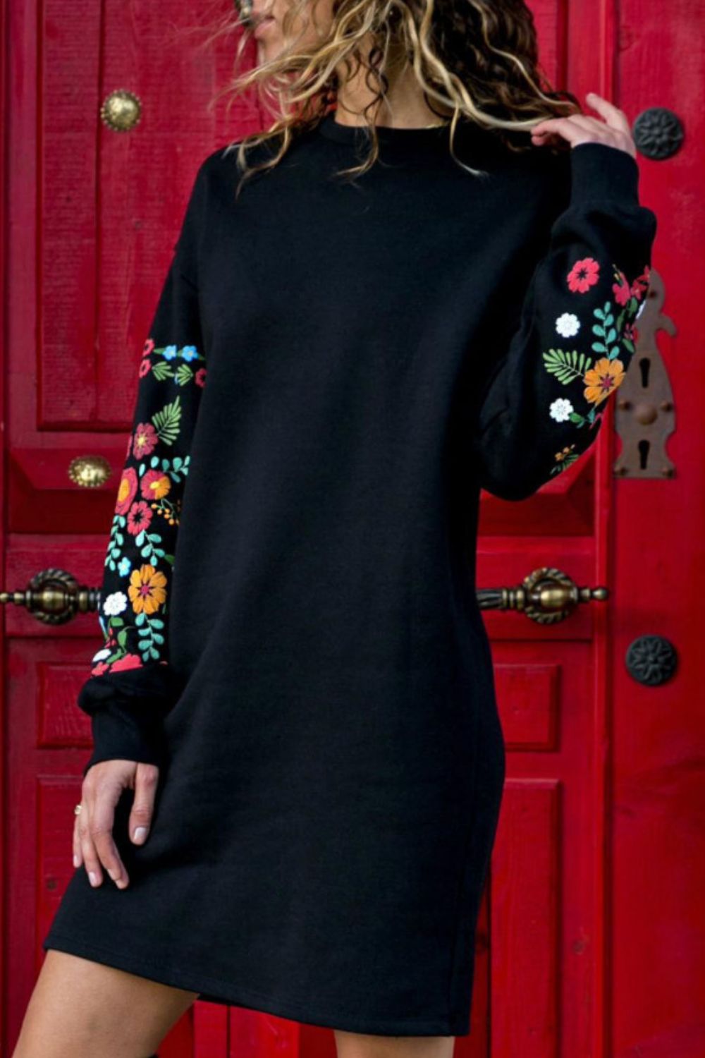 Black Floral Print Round Neck Long Sleeve Dress Sentient Beauty Fashions Apparel & Accessories