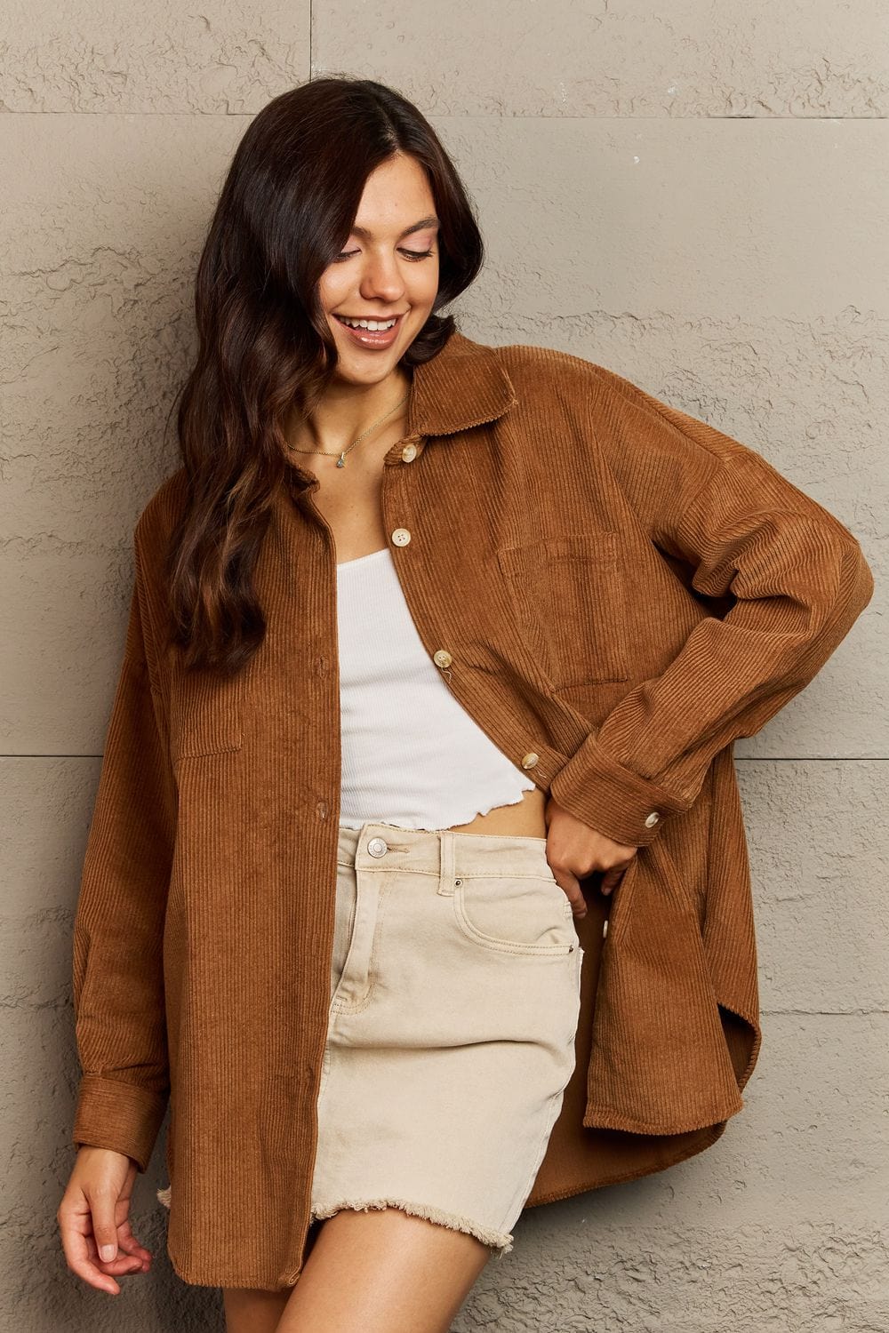 Tan Ninexis Collared Neck Dropped Shoulder Button-Down Jacket