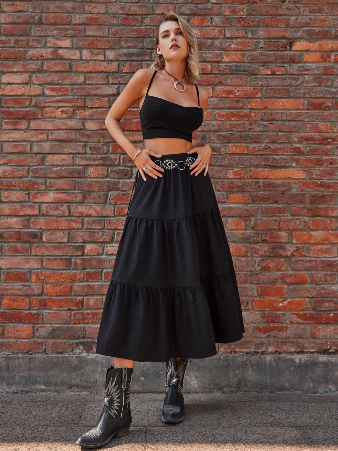 Dim Gray Elastic Waist Midi Skirt Sentient Beauty Fashions Apparel & Accessories