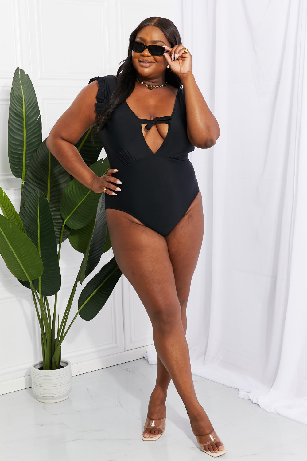 Dark Slate Gray Marina West Swim Seashell Ruffle Sleeve One-Piece in Black Sentient Beauty Fashions Swimwear